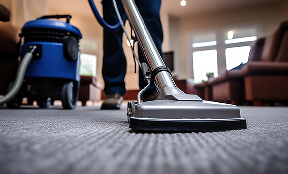 a person using a vacuum to clean a grey carpet in a home